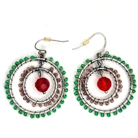 Vintage Jewelry - Glass Bead Wire-Weaved Double Hoop Silver Earrings